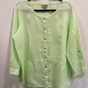 JM Collection 100% Linen Shirt Womens 14 Green Button Up Long Rolled tab Sleeve